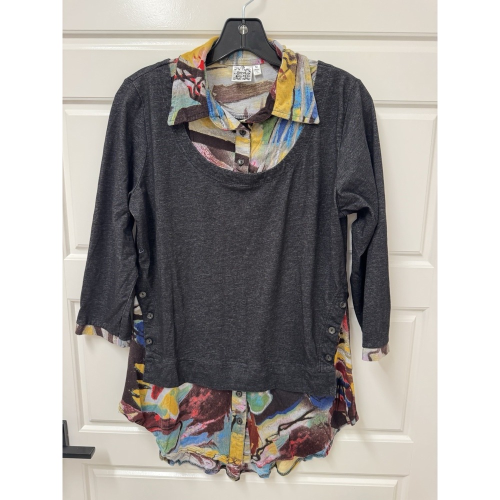Parsley & Sage Womens Medium Layered Look Blouse Hi Lo Hem Multicolor Grey